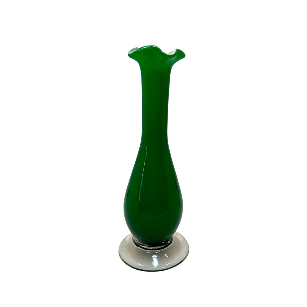 Glass Bud Vase Hand Blown w/ Base 7" Ruffled Wavy Top Green